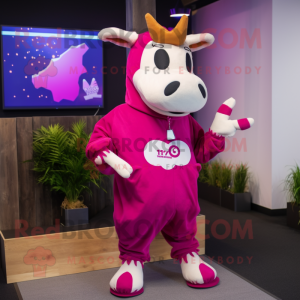 Magenta Cow mascot costume character dressed with a Hoodie and Lapel pins