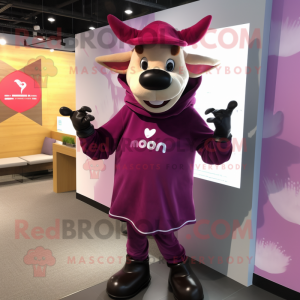 Magenta Cow mascot costume character dressed with a Hoodie and Lapel pins