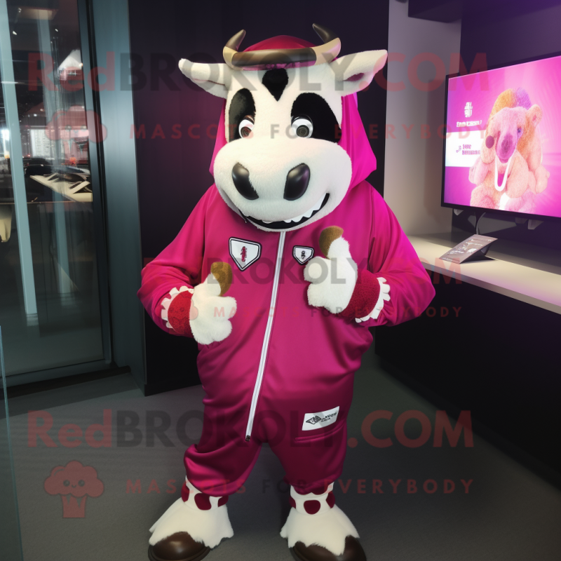 Magenta Cow mascot costume character dressed with a Hoodie and Lapel pins