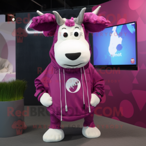 Magenta Cow mascot costume character dressed with a Hoodie and Lapel pins