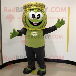 Olive Pesto Pasta mascot costume character dressed with a Jeggings and Gloves