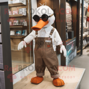 Rust Swan mascot costume character dressed with a Dungarees and Sunglasses