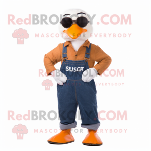 Rust Swan mascot costume character dressed with a Dungarees and Sunglasses