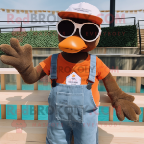 Rust Swan mascot costume character dressed with a Dungarees and Sunglasses