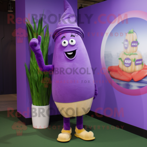 Purple Asparagus mascot costume character dressed with a Rugby Shirt and Hat pins