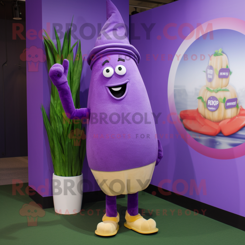 Purple Asparagus mascot costume character dressed with a Rugby Shirt and Hat pins Purple Asparagus mascot costume character dressed with a Rugby Shirt and Hat pins