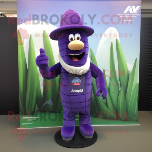 Purple Asparagus mascot costume character dressed with a Rugby Shirt and Hat pins
