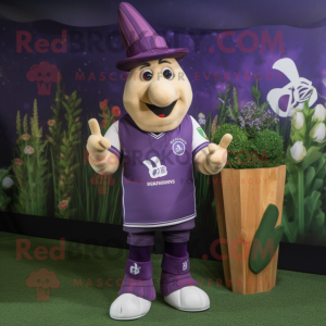 Purple Asparagus mascot costume character dressed with a Rugby Shirt and Hat pins