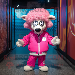 Pink Merino Sheep mascot costume character dressed with a Bomber Jacket and Headbands