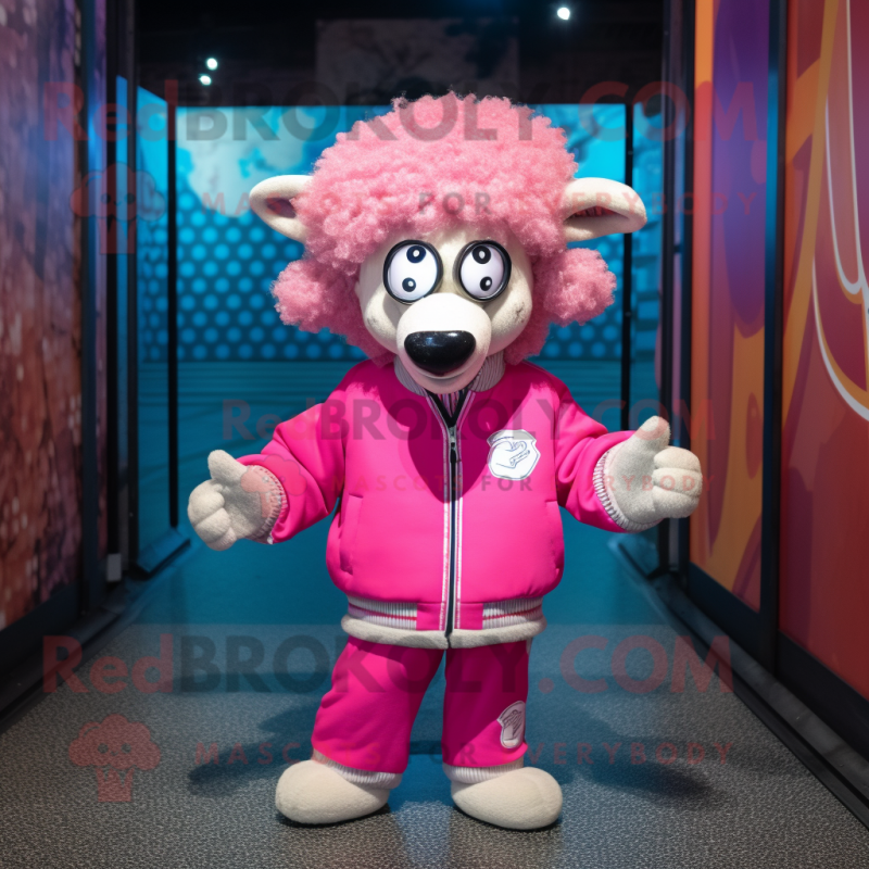 Pink Merino Sheep mascot costume character dressed with a Bomber Jacket and Headbands Pink Merino Sheep mascot costume character dressed with a Bomber Jacket and Headbands