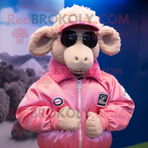 Pink Merino Sheep mascot costume character dressed with a Bomber Jacket and Headbands