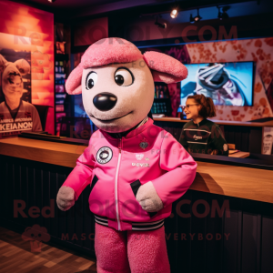 Pink Merino Sheep mascot costume character dressed with a Bomber Jacket and Headbands