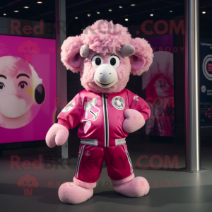 Pink Merino Sheep mascot costume character dressed with a Bomber Jacket and Headbands