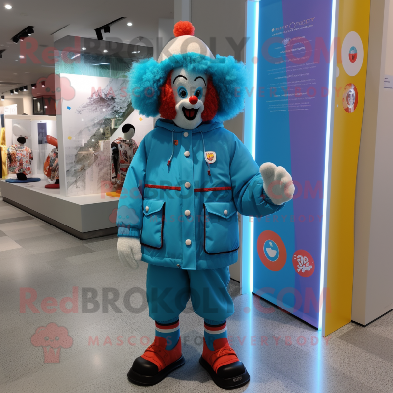Cyan Clown mascot costume character dressed with a Parka and Caps