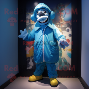 Cyan Clown mascot costume character dressed with a Parka and Caps