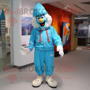 Cyan Clown mascot costume character dressed with a Parka and Caps