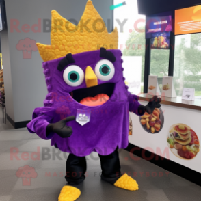 Purple Nachos mascot costume character dressed with a Shorts and Brooches