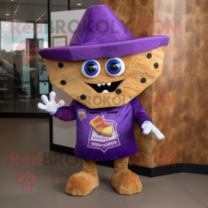 Purple Nachos mascot costume character dressed with a Shorts and Brooches