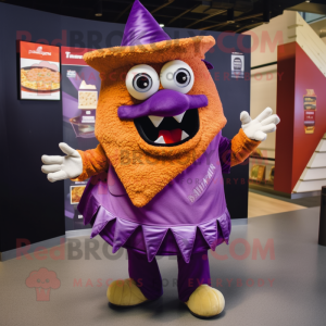 Purple Nachos mascot costume character dressed with a Shorts and Brooches