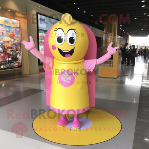 Yellow Pink mascot costume character dressed with a Long Sleeve Tee and Necklaces