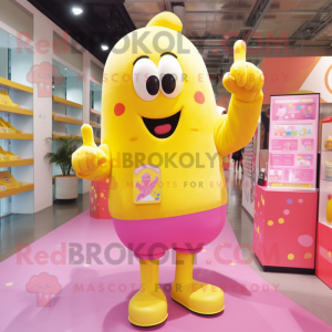 Yellow Pink mascot costume character dressed with a Long Sleeve Tee and Necklaces