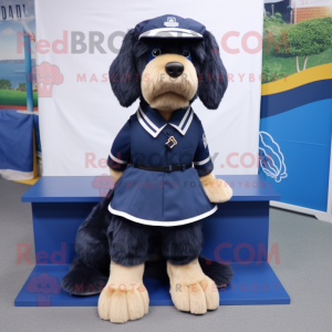 Navy Dog mascot costume character dressed with a Pleated Skirt and Foot pads