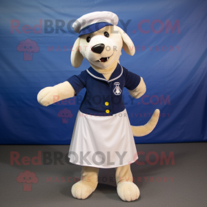 Navy Dog mascot costume character dressed with a Pleated Skirt and Foot pads