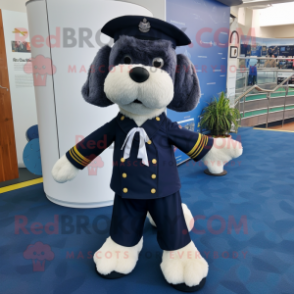 Navy Dog mascot costume character dressed with a Pleated Skirt and Foot pads