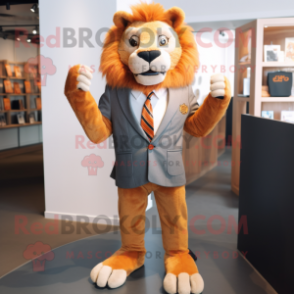 Rust Lion mascot costume character dressed with a Suit Jacket and Ties