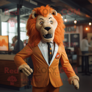 Rust Lion mascot costume character dressed with a Suit Jacket and Ties