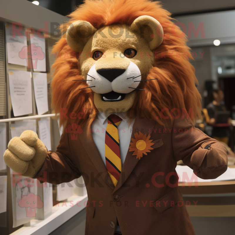 Rust Lion mascot costume character dressed with a Suit Jacket and Ties