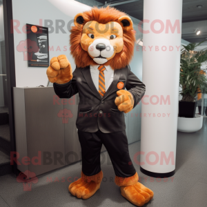 Rust Lion mascot costume character dressed with a Suit Jacket and Ties