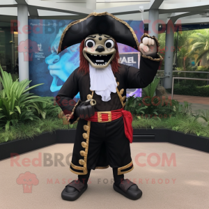 Black Pirate mascot costume character dressed with a Dress Pants and Digital watches