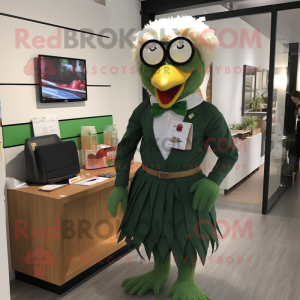 Forest Green Fried Chicken mascot costume character dressed with a Pencil Skirt and Tie pins