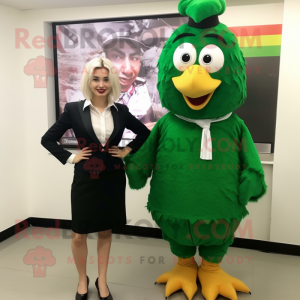 Forest Green Fried Chicken mascot costume character dressed with a Pencil Skirt and Tie pins