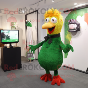 Forest Green Fried Chicken mascot costume character dressed with a Pencil Skirt and Tie pins