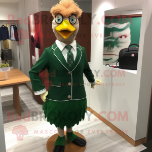 Forest Green Fried Chicken mascot costume character dressed with a Pencil Skirt and Tie pins