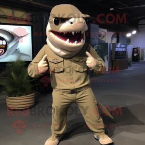 Tan Megalodon mascot costume character dressed with a Cargo Pants and Beanies