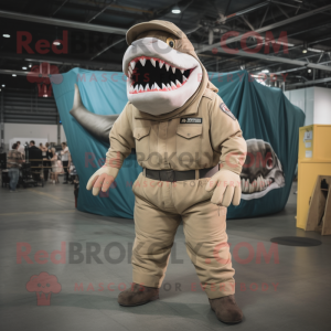 Tan Megalodon mascot costume character dressed with a Cargo Pants and Beanies