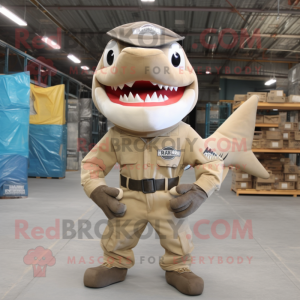 Tan Megalodon mascot costume character dressed with a Cargo Pants and Beanies