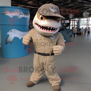 Tan Megalodon mascot costume character dressed with a Cargo Pants and Beanies