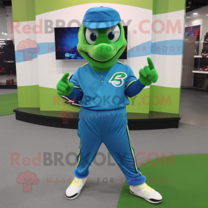 Lime Green Blue Jay mascot costume character dressed with a Joggers and Rings
