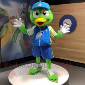 Lime Green Blue Jay mascot costume character dressed with a Joggers and Rings