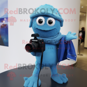 Blue Camera mascot costume character dressed with a Romper and Scarves