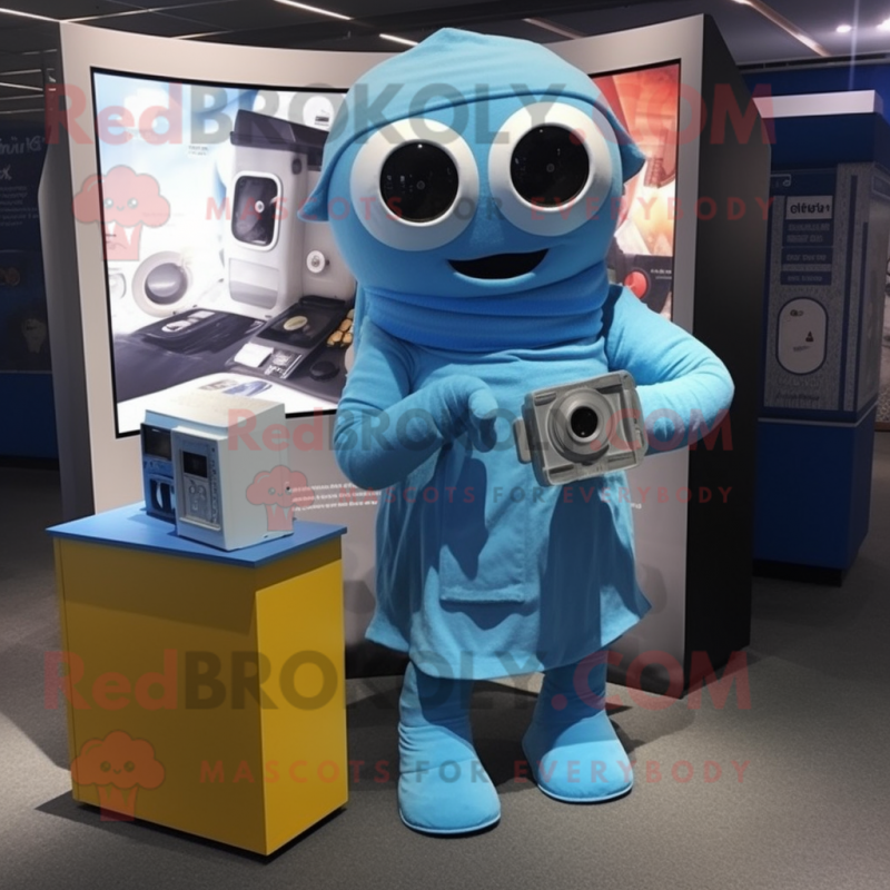 Blue Camera mascot costume character dressed with a Romper and Scarves