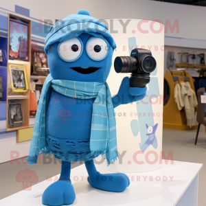 Blue Camera mascot costume character dressed with a Romper and Scarves