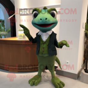 Forest Green Geckos mascot costume character dressed with a Culottes and Pocket squares
