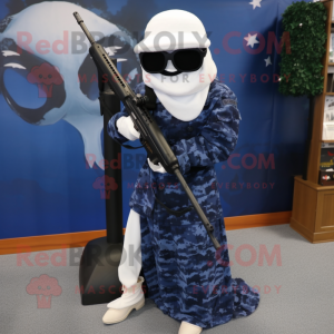 Navy Sniper mascot costume character dressed with a A-Line Skirt and Scarves