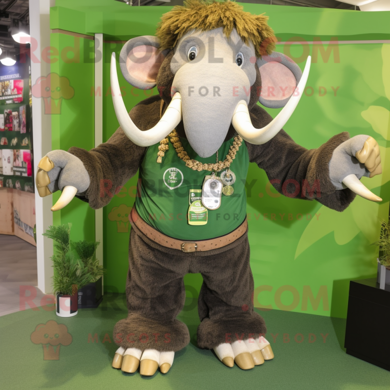 Green Mammoth mascot costume character dressed with a Dungarees and Necklaces