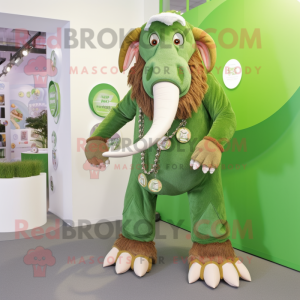 Green Mammoth mascot costume character dressed with a Dungarees and Necklaces
